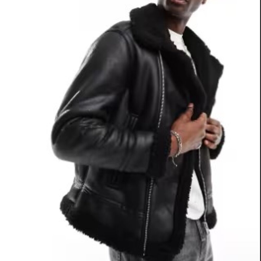 Pull&Bear Leather aviator jacket with shearling lining in black